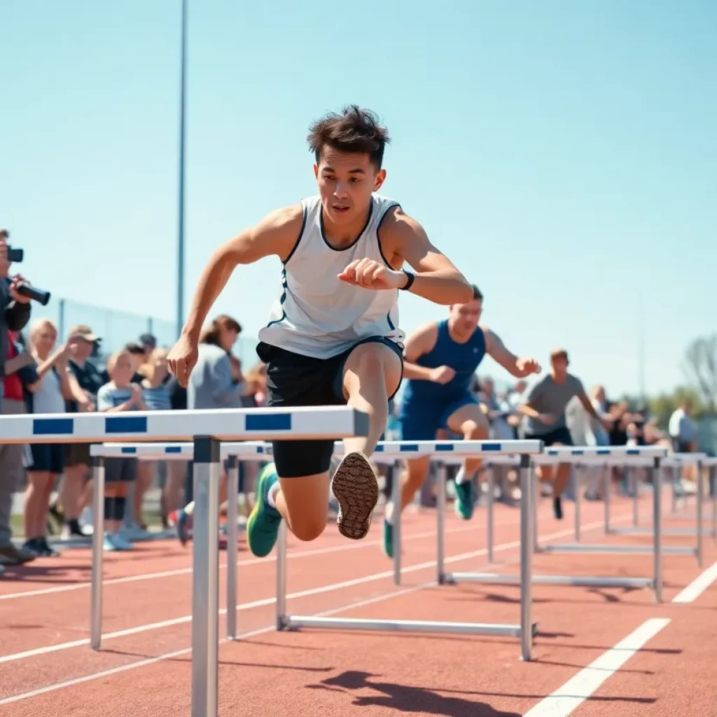 High school athlete competing in hurdle race