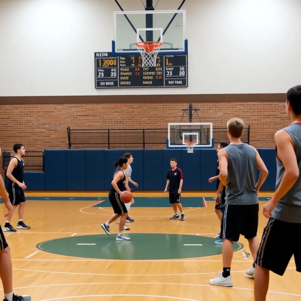 High school basketball players practicing on court