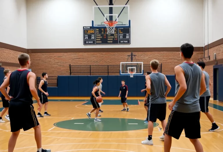 High school basketball players practicing on court