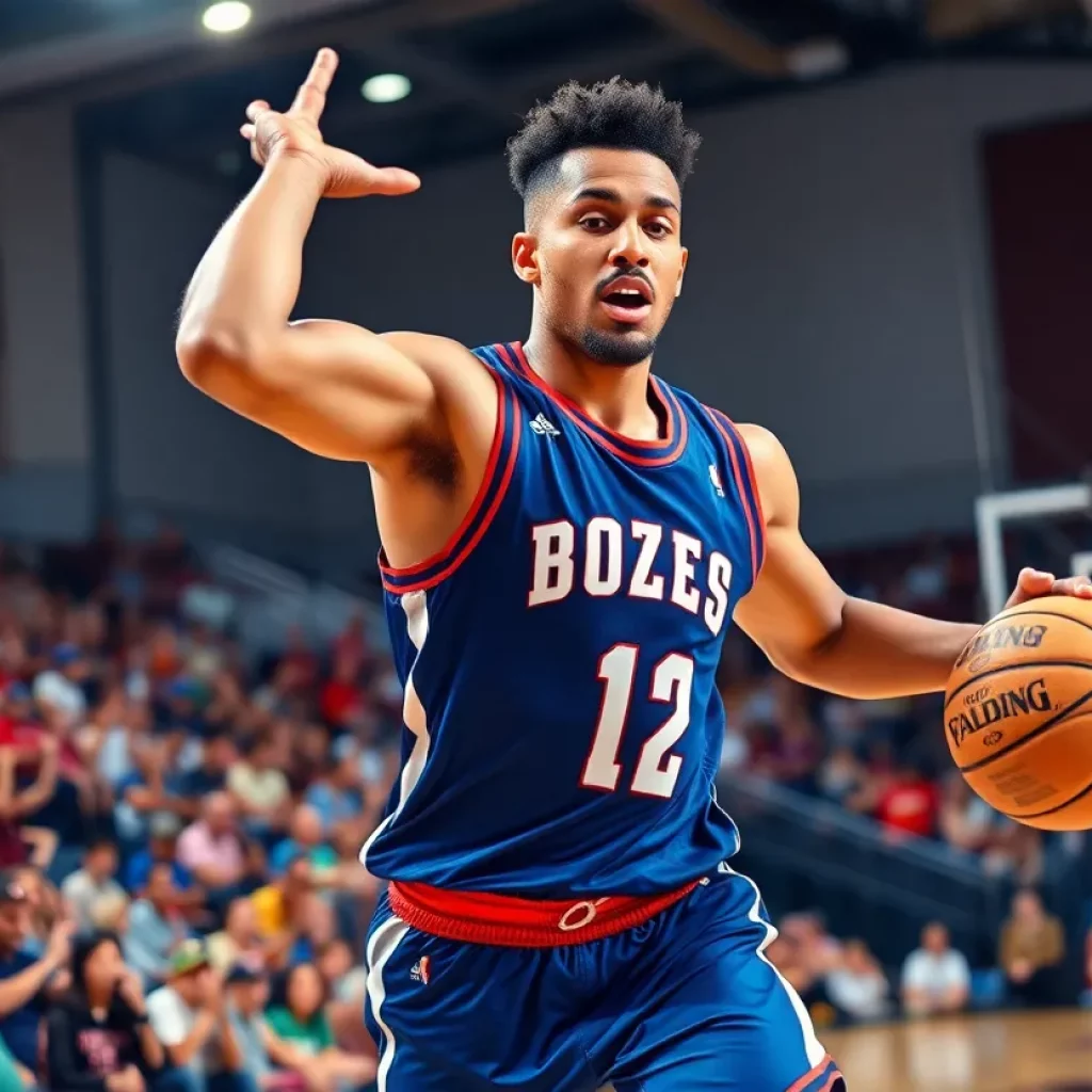 Basketball player in action during a game at a vibrant gym
