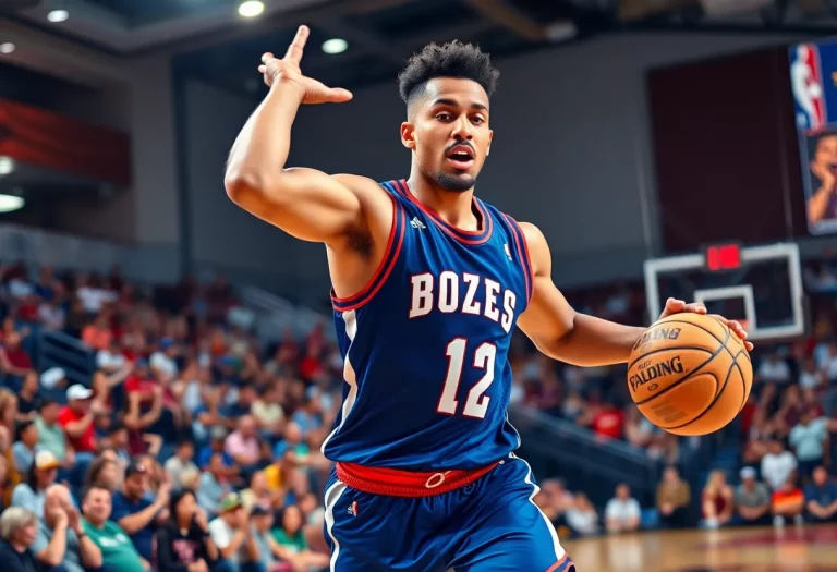 Basketball player in action during a game at a vibrant gym
