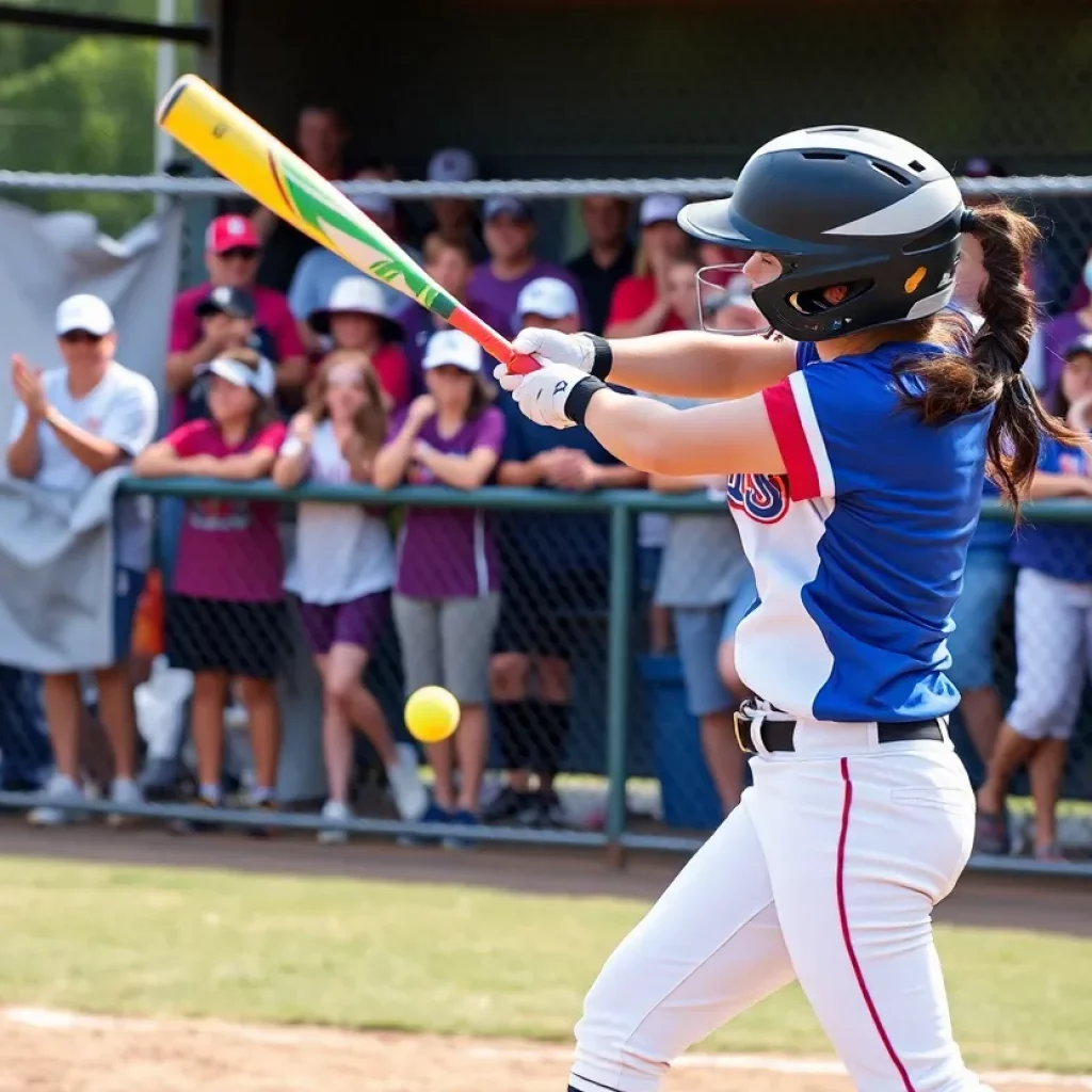 High school softball player hitting a ball during a game