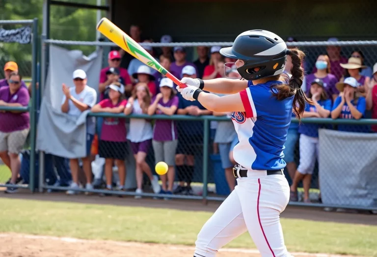 High school softball player hitting a ball during a game