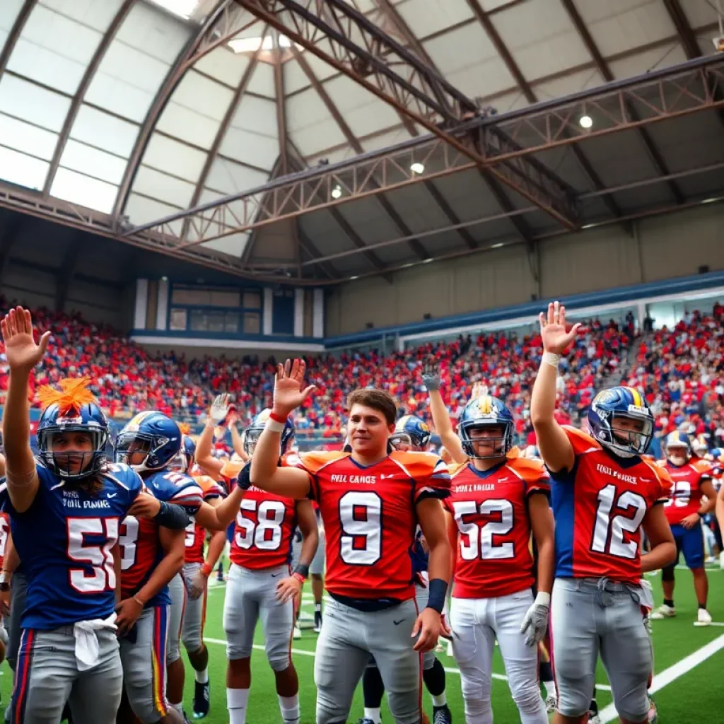 High school football players in the Sports Dome at Media Day