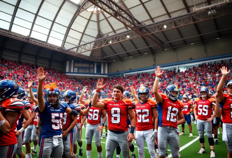 High school football players in the Sports Dome at Media Day