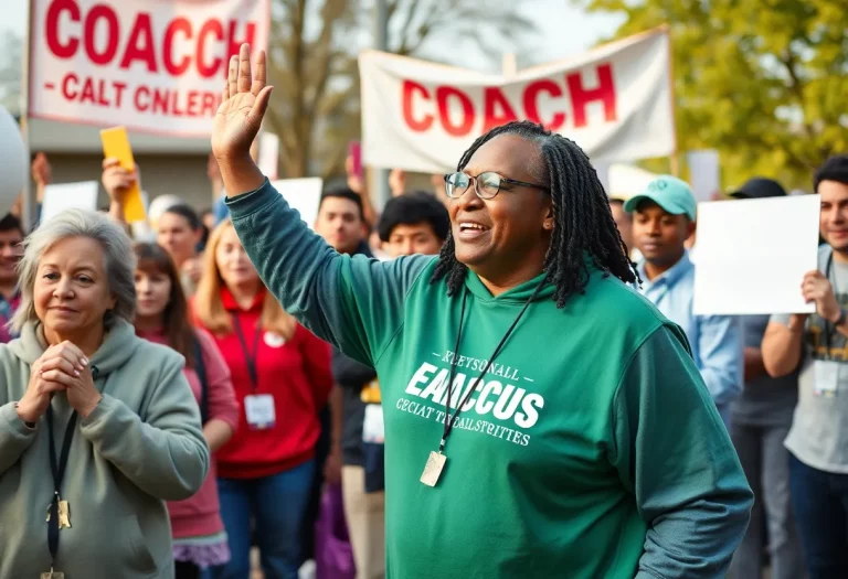 Community members celebrating a local coach's contributions