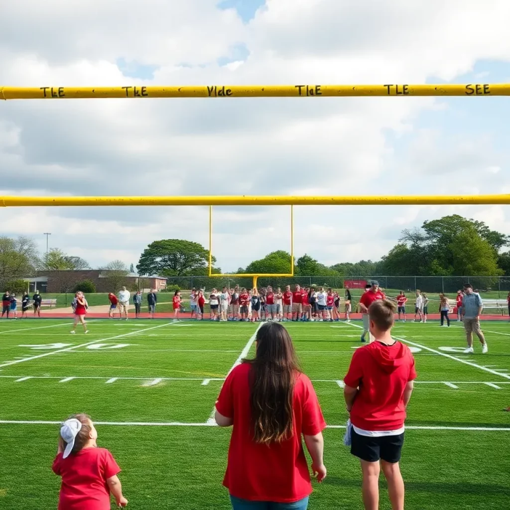 Freshly painted goal posts on a high school football field in Kansas City