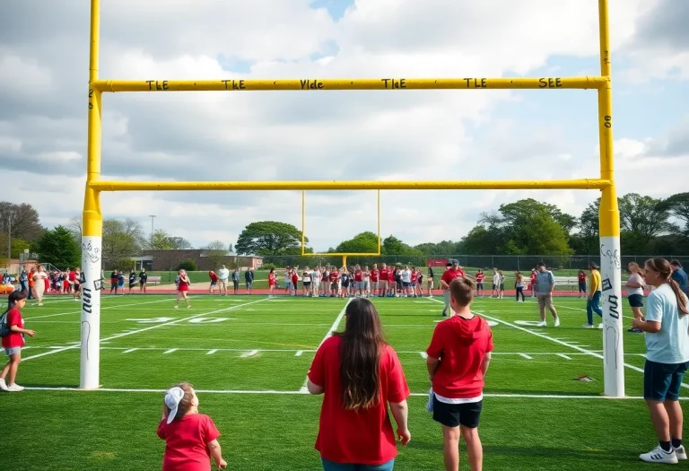 Freshly painted goal posts on a high school football field in Kansas City
