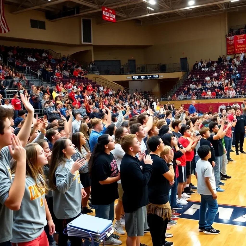 Students and fans at a Kansas State high school basketball game