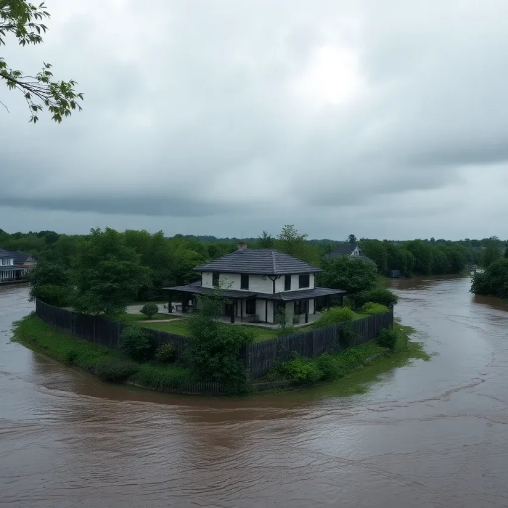 Aerial view of Kerr County river house during heavy rainfall.