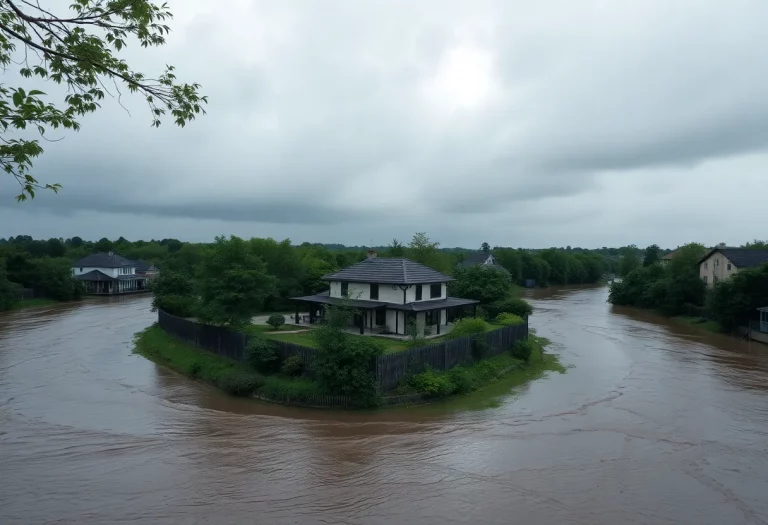 Aerial view of Kerr County river house during heavy rainfall.