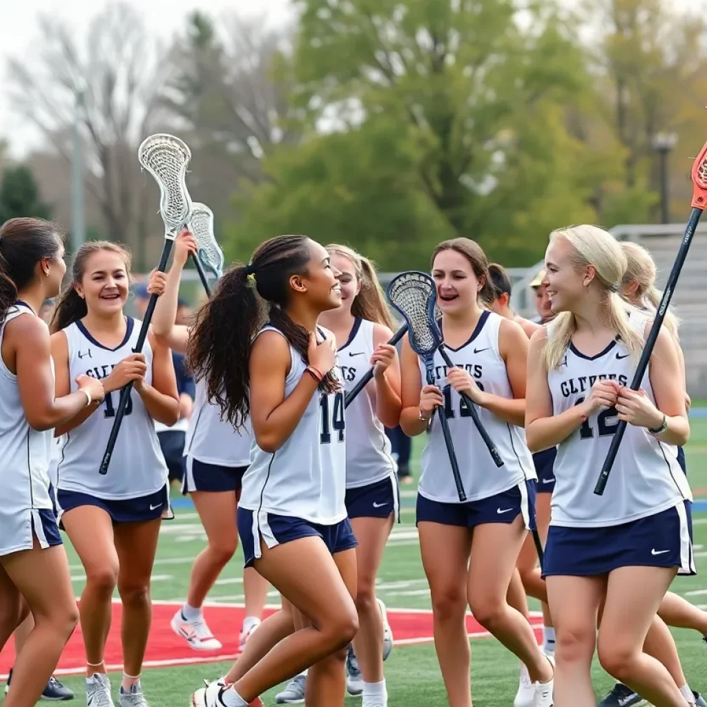 Diverse high school lacrosse players celebrating their All-Academic achievements on the field.