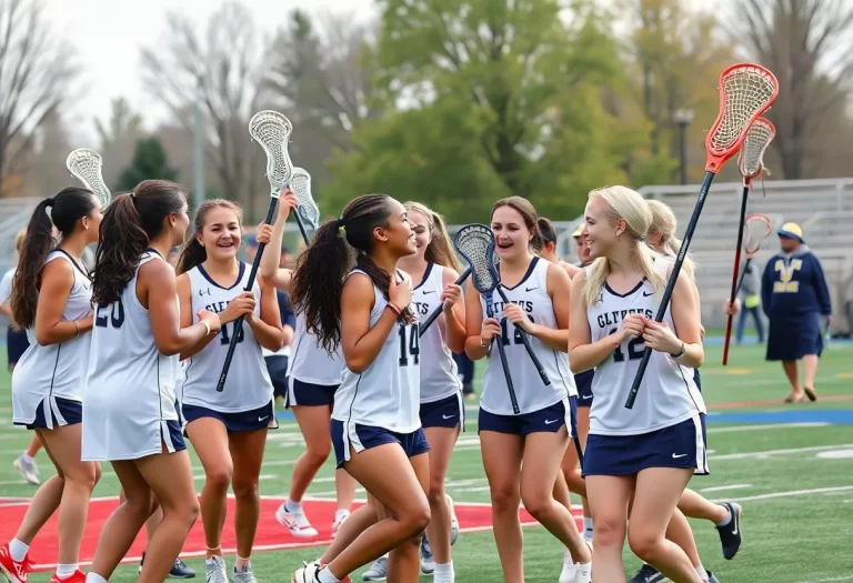Diverse high school lacrosse players celebrating their All-Academic achievements on the field.
