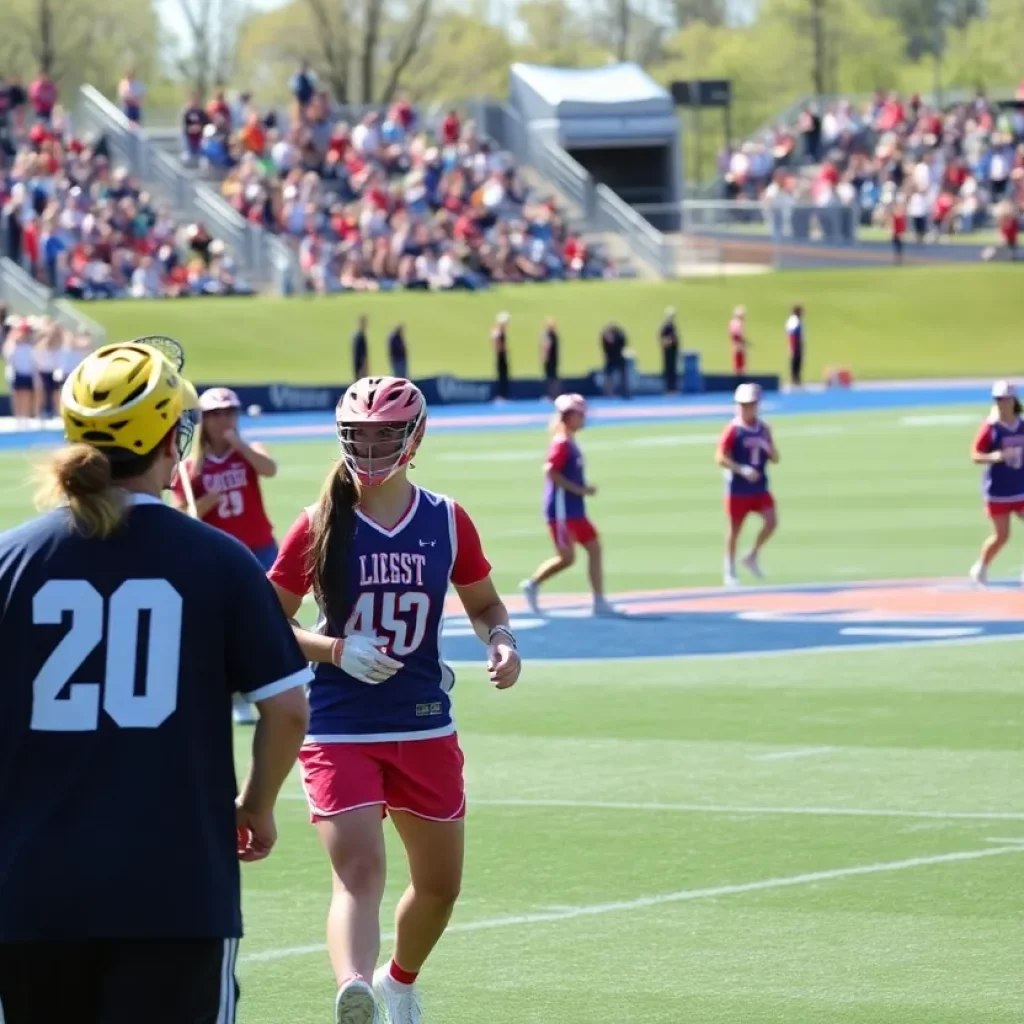 Team of lacrosse players celebrating a goal on the field.