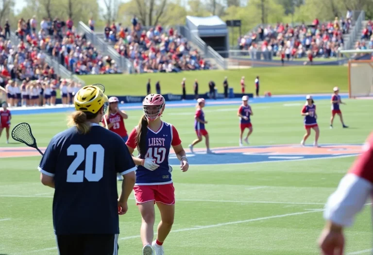 Team of lacrosse players celebrating a goal on the field.