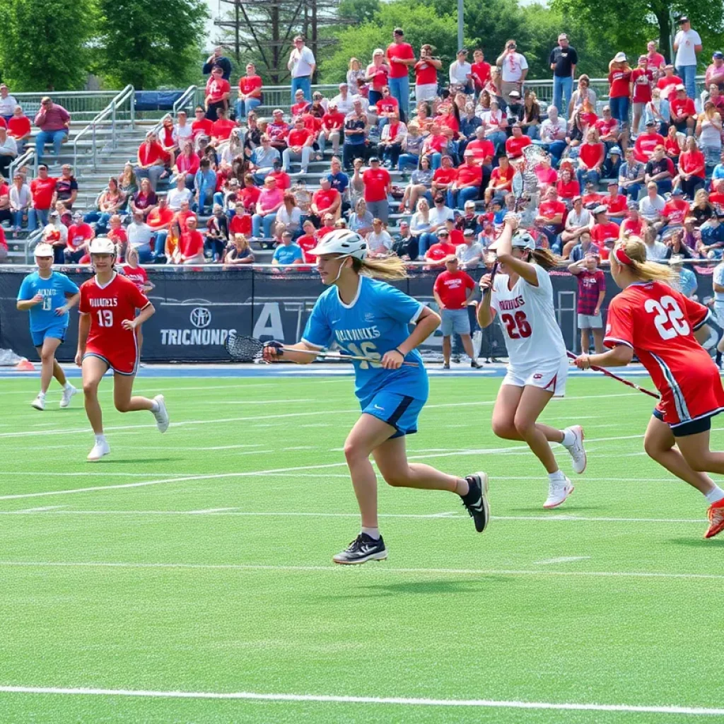 Women playing lacrosse energetically on the field