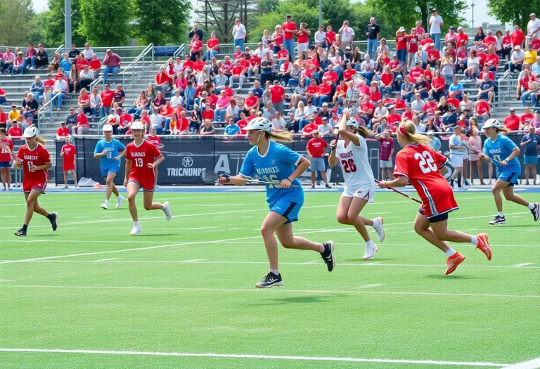 Women playing lacrosse energetically on the field