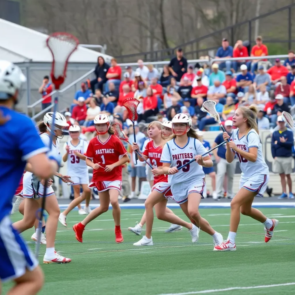 High school lacrosse players in action during a game in Southwest Ohio