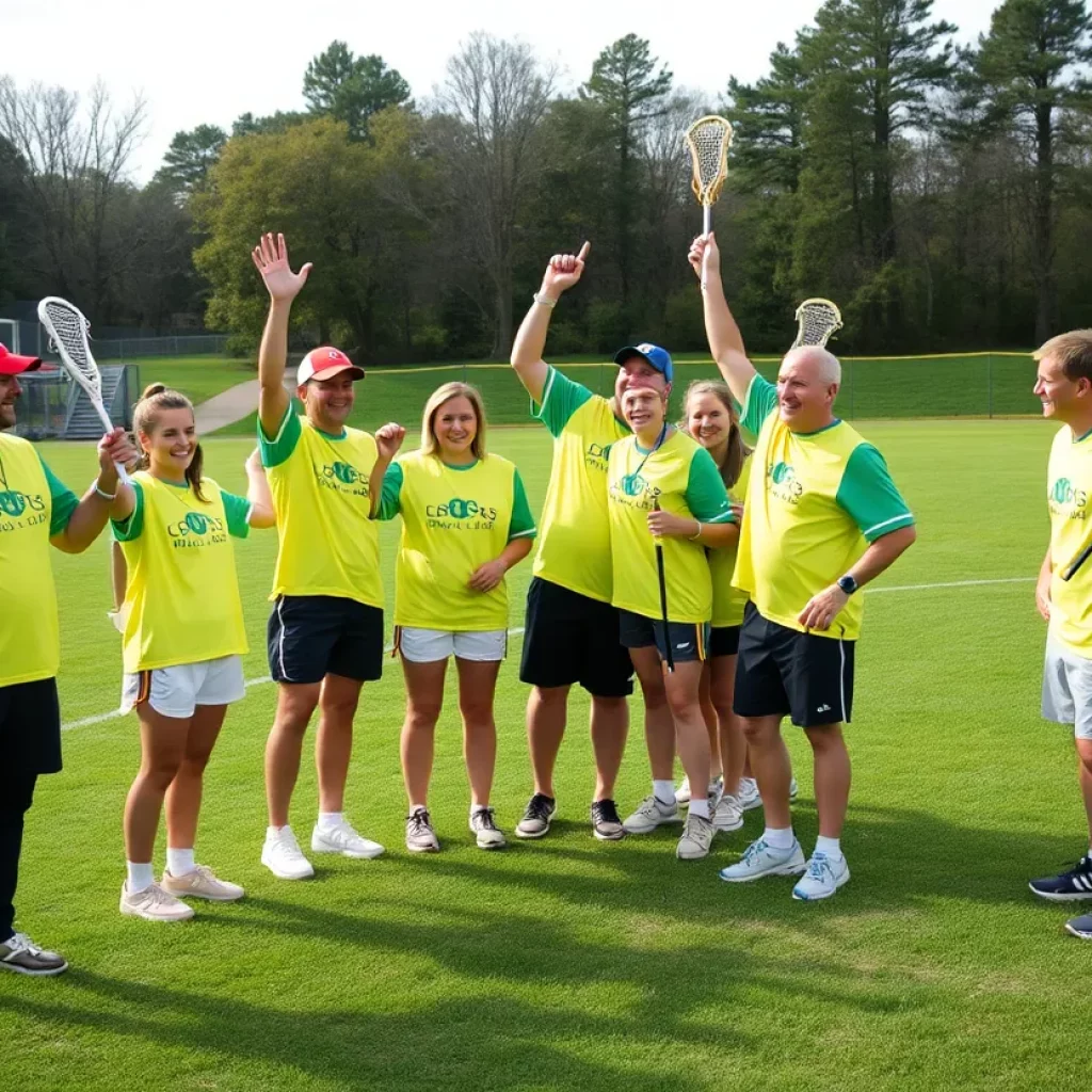 Enthusiastic lacrosse coaches celebrating their achievements on the field