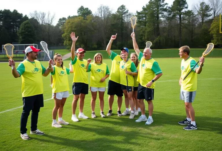 Enthusiastic lacrosse coaches celebrating their achievements on the field