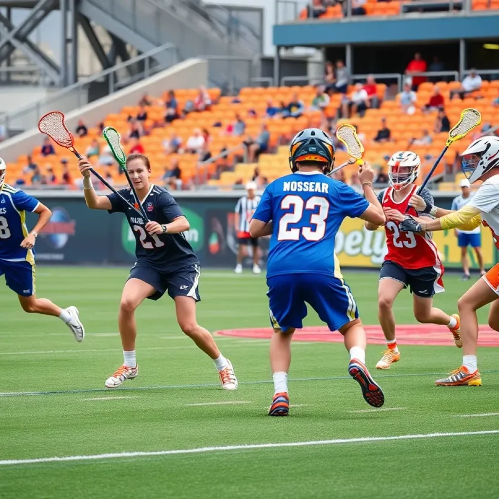 A dynamic lacrosse game scene illustrating players in action on the field.