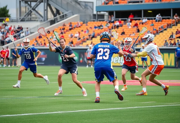 A dynamic lacrosse game scene illustrating players in action on the field.