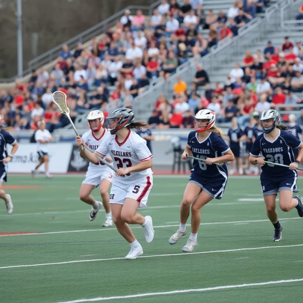 Players competing in a high school lacrosse game at the All-America Lacrosse Games.