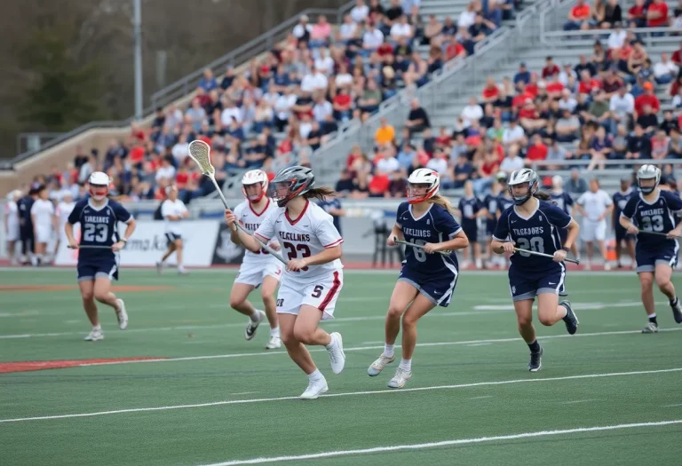 Players competing in a high school lacrosse game at the All-America Lacrosse Games.