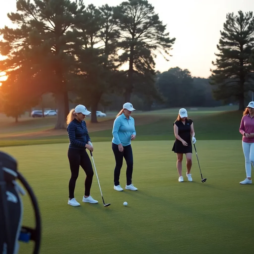 Female golfers practicing on a scenic golf course at sunrise