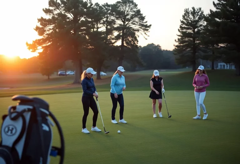 Female golfers practicing on a scenic golf course at sunrise