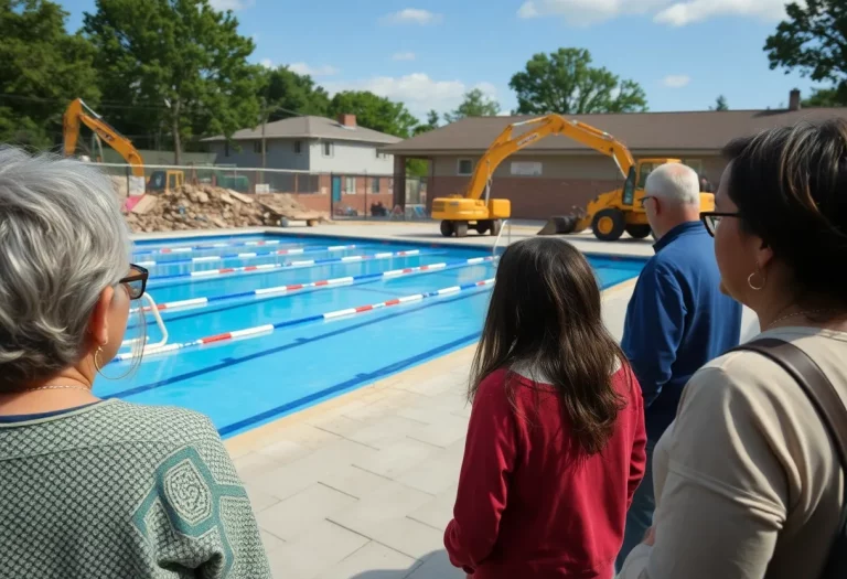 Demolition site of Lake Worth High School pool with community members