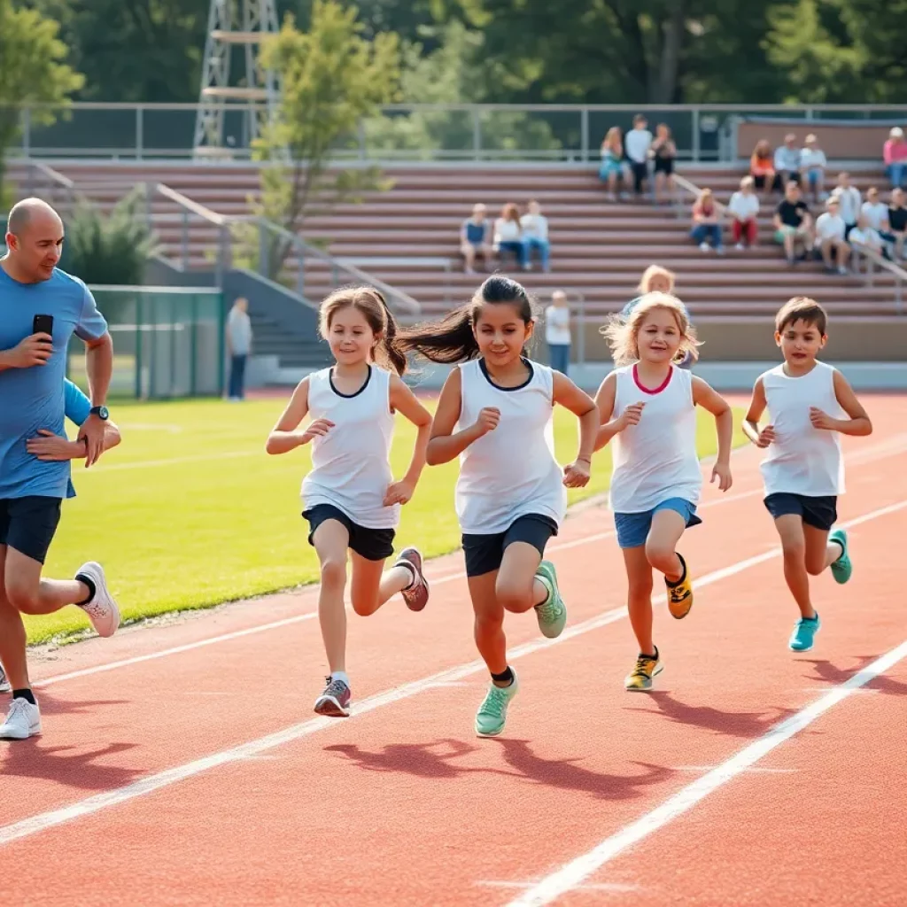 Young athletes training on a track field together with family support.