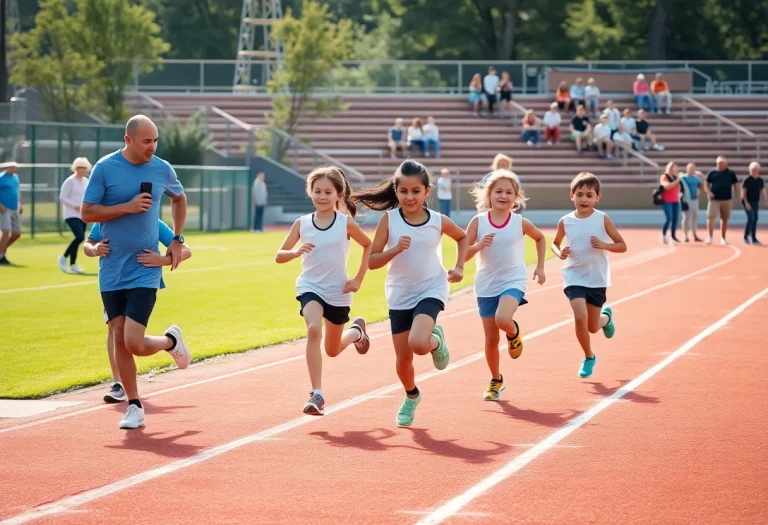 Young athletes training on a track field together with family support.