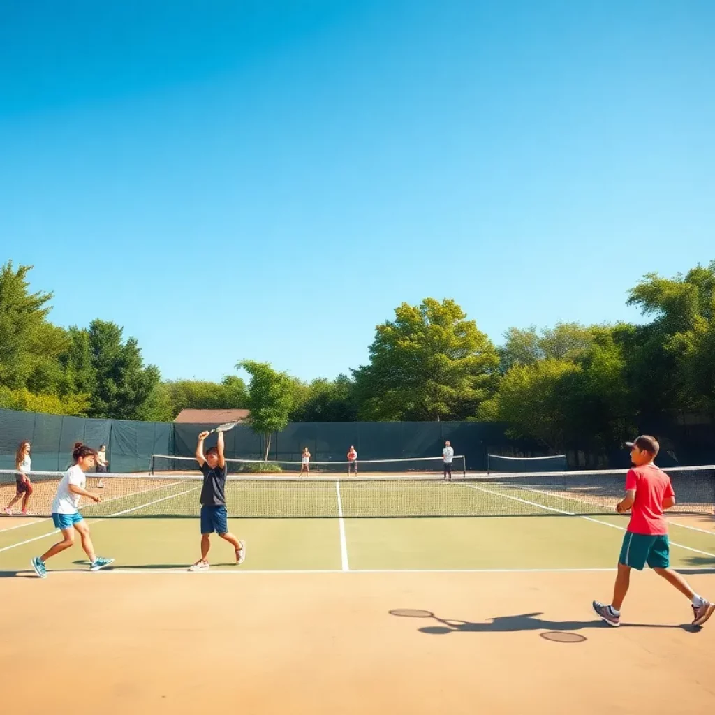 Tennis facility with young players practicing on the courts