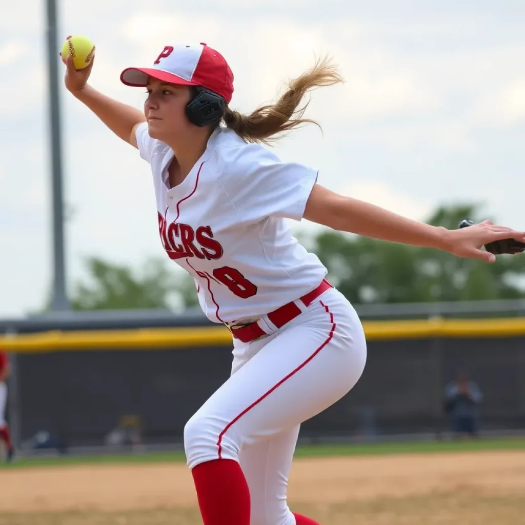 Dynamic pitcher throwing during a high school softball game