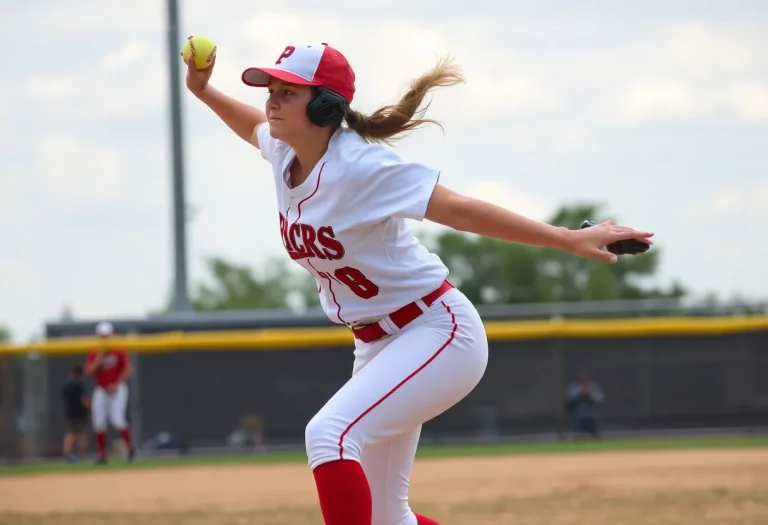 Dynamic pitcher throwing during a high school softball game