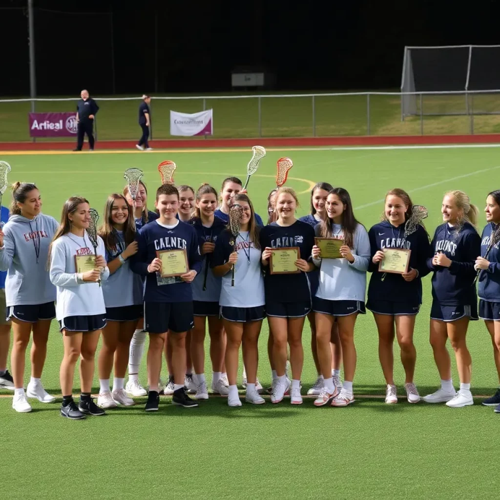 High school lacrosse players celebrating on the field