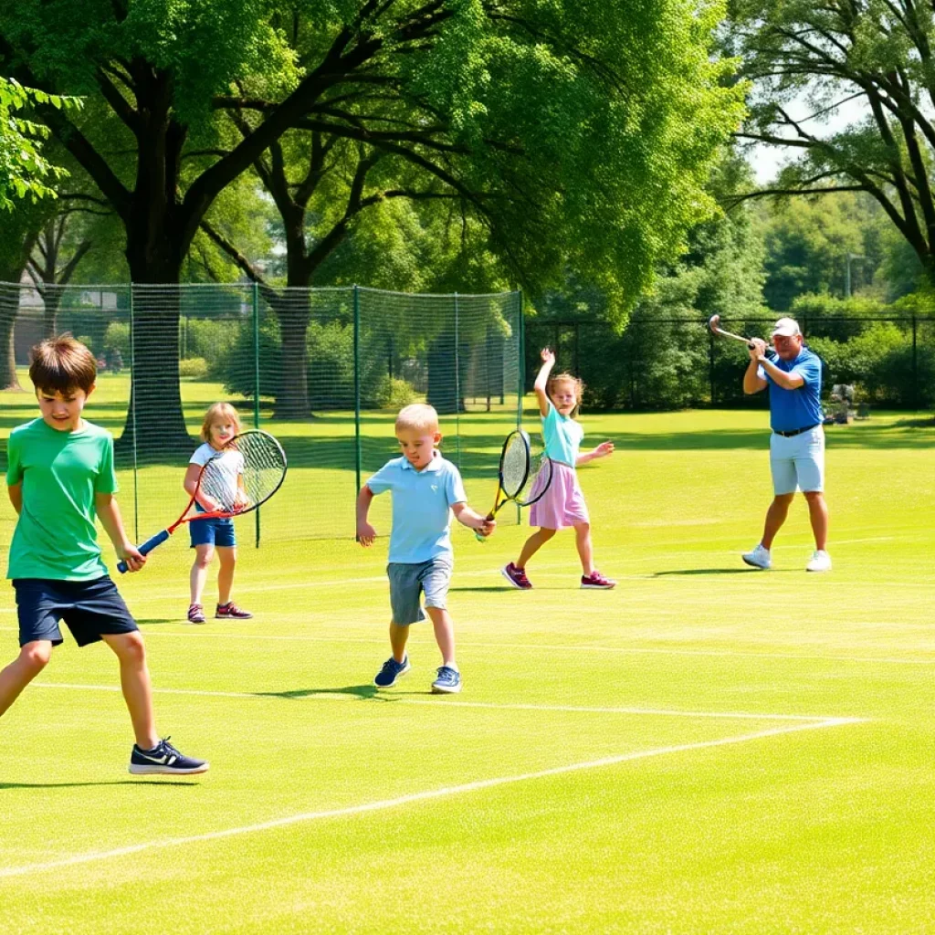 Children playing tennis and golfers practicing in a park