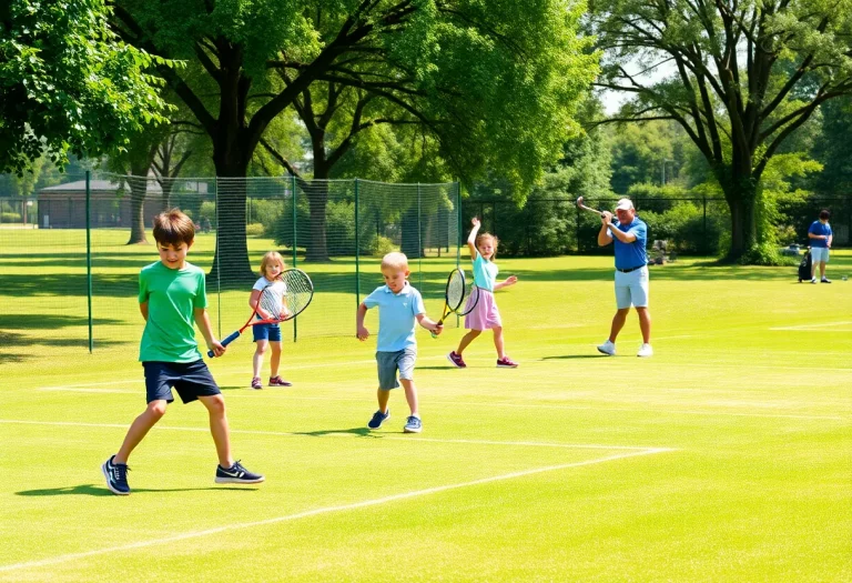 Children playing tennis and golfers practicing in a park