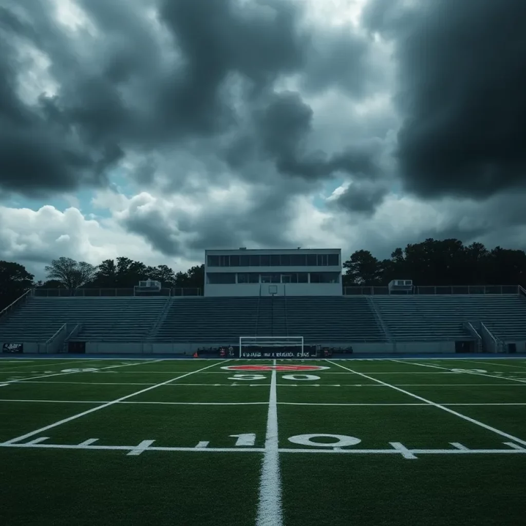 Empty high school football field representing controversy
