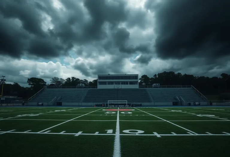 Empty high school football field representing controversy
