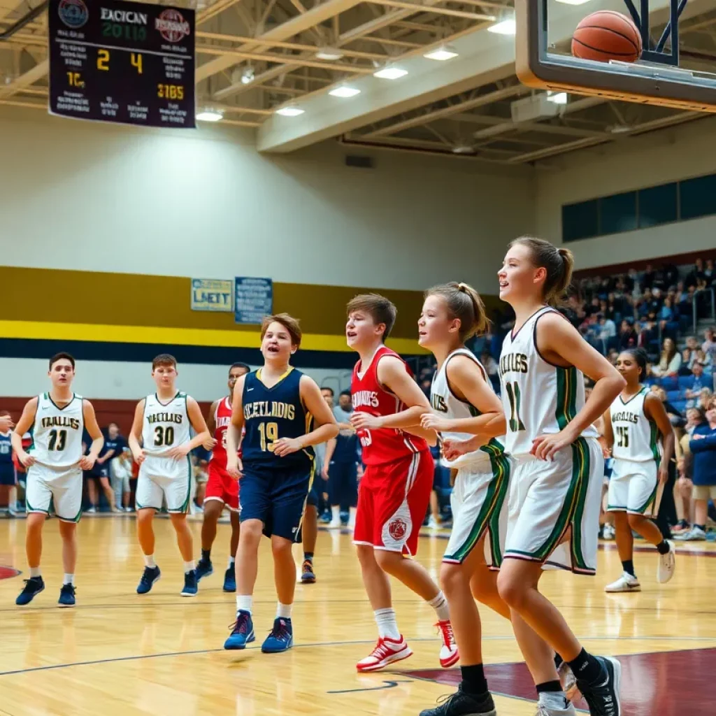 Players from Long Island Lutheran High School basketball team competing in a game