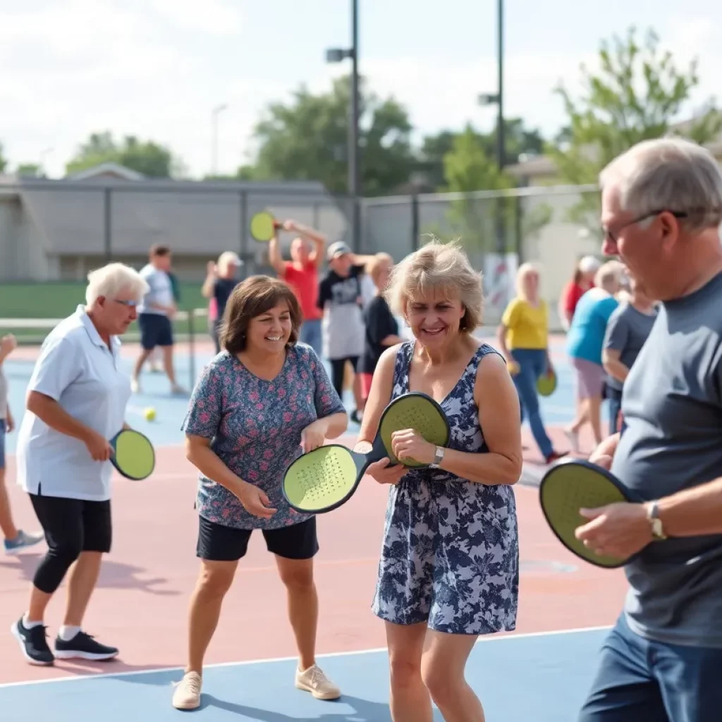 Community members engaged in a game of pickleball on outdoor courts