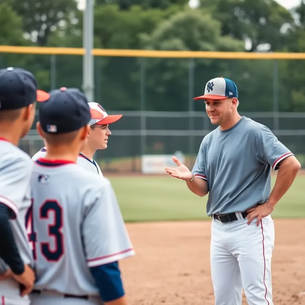 Baseball coach guiding players in practice at Madison Central