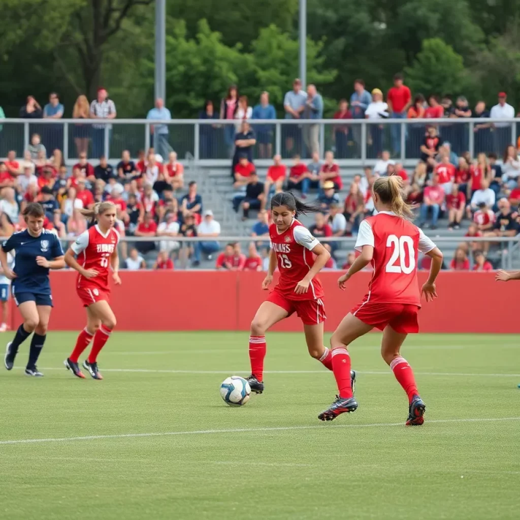 High school soccer match with Mahomet-Seymour team showing teamwork on the field.