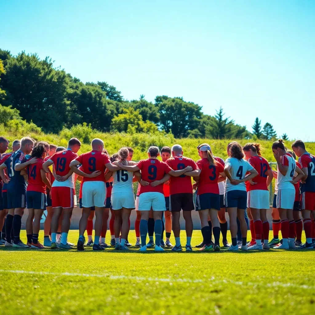 Team huddle on a soccer field representing unity and teamwork in girls' soccer.