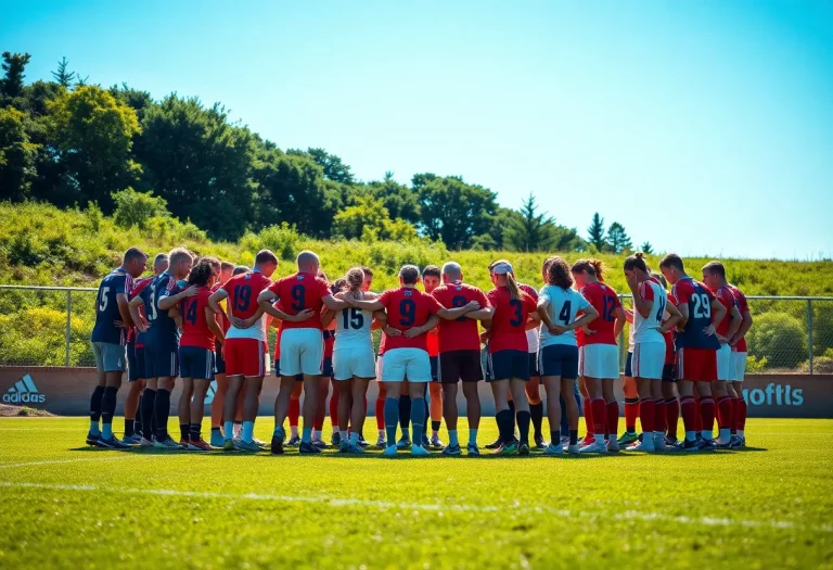 Team huddle on a soccer field representing unity and teamwork in girls' soccer.