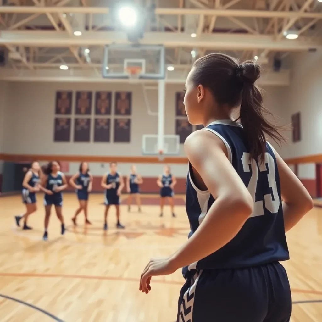 Girls basketball team practicing on court