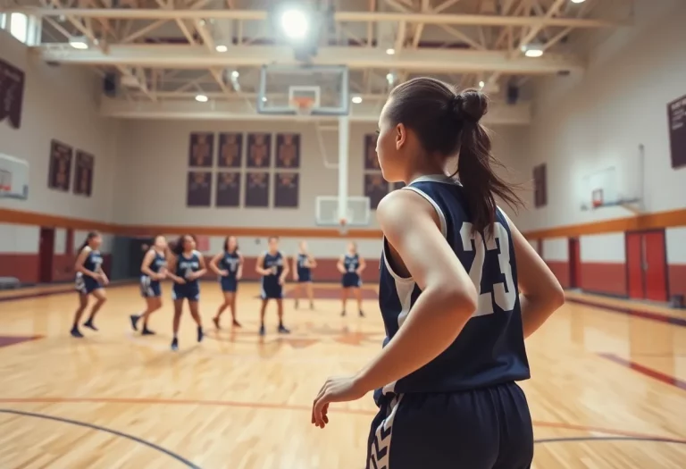 Girls basketball team practicing on court