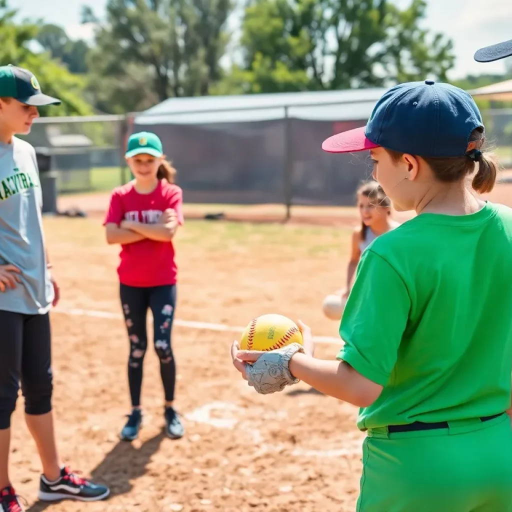 Young athletes practicing softball under the guidance of a coach
